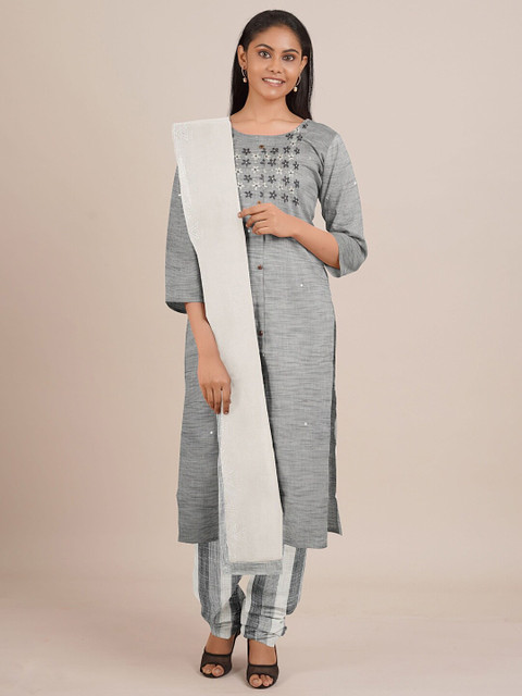 

Pothys Grey & White Embroidered Unstitched Dress Material