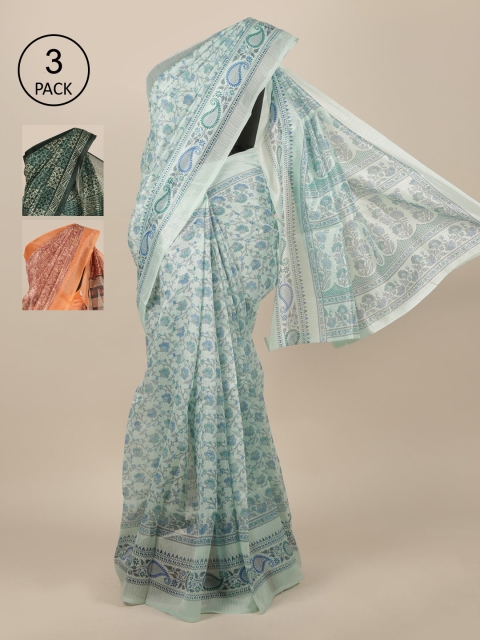 

Pothys Pack of 3 Ethnic Motifs Jute Silk Saree, Blue