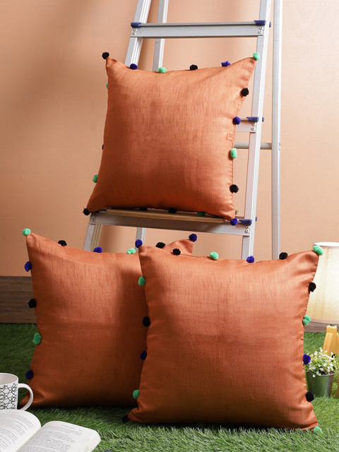 

RANGDESI Rust & Blue Set of 3 Solid Square Cushion Covers
