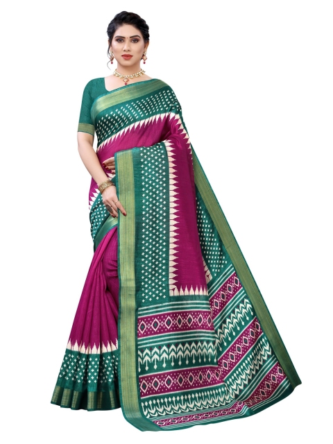 

KALINI Burgundy & Green Poly Cotton Zari Saree