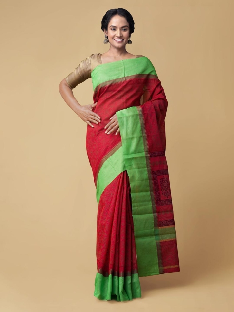 

Unnati Silks Red & Green Woven Design Silk Cotton Chanderi Saree