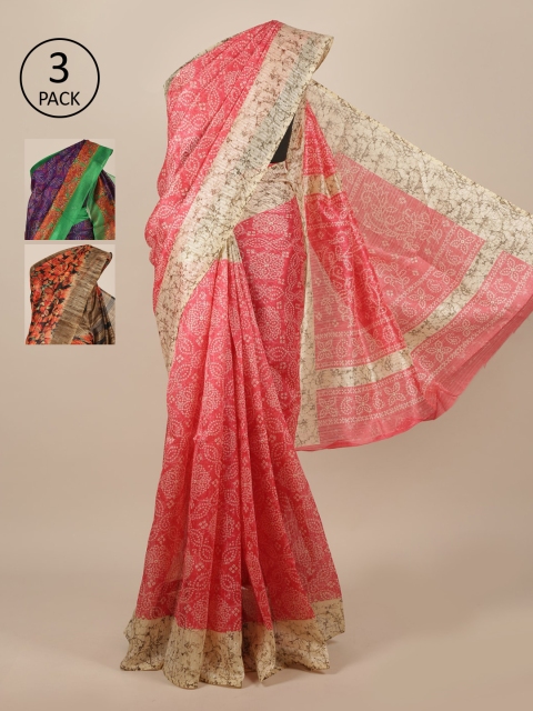 

Pothys Pack Of 3 Pink & Brown Ethnic Motifs Jute Silk Saree