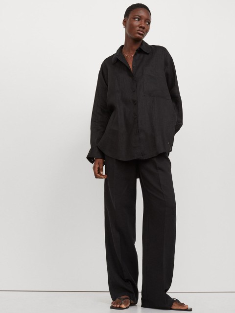 

H&M Black Solid Linen Shirt