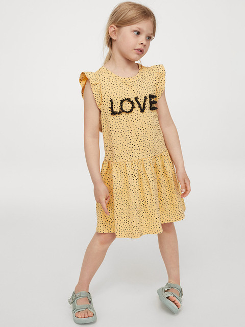

H&M Girls Yellow & Black Motif-Detail Cotton Dress