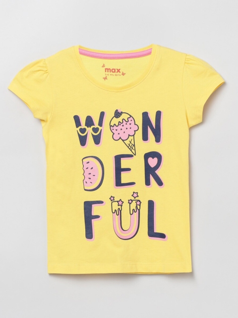 

max Girls Yellow Typography Printed Puff Sleeves T-shirt