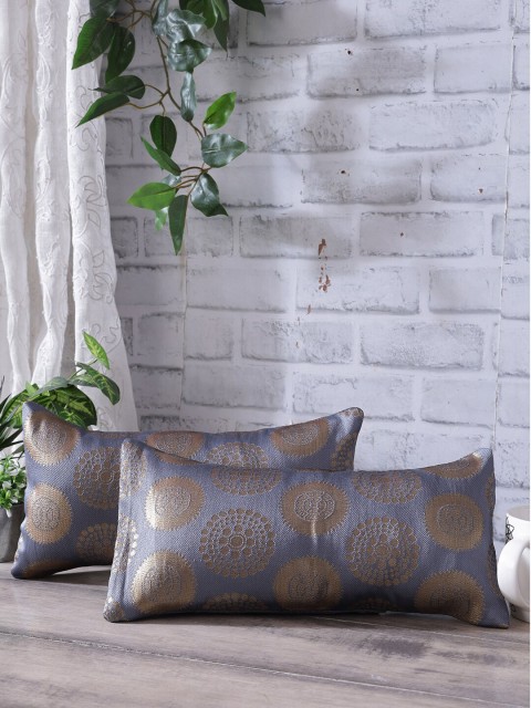 

Rangdesi Set of 2 Grey & Gold-Coloured Brocade Cushion Cover with Inserts