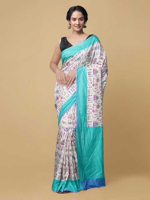 

Unnati Silks Cream & Turquoise Lepakshi Block Print Poly Crepe Handloom Saree