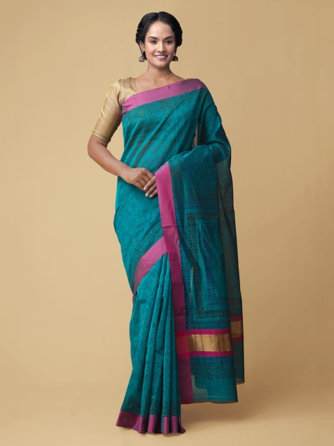 

Unnati Silks Green Ethnic Motifs Zari Silk Cotton Chanderi Handloom Saree