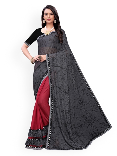 

KALINI Grey & Maroon Sequinned Silk Blend Half and Half Saree