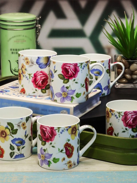 

GOODHOMES Set of 6 White Printed Bone China Mugs