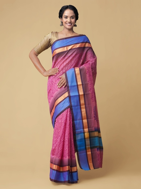 

Unnati Silks Pink & Blue Zari Silk Cotton Chanderi Saree