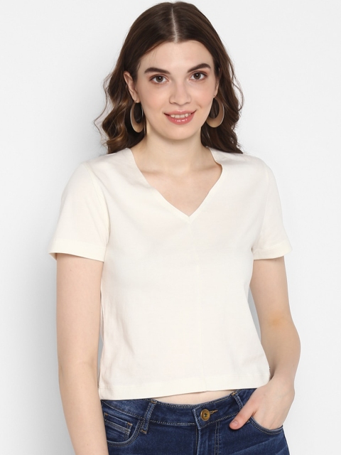 

FOSH Women Off White V-Neck T-shirt