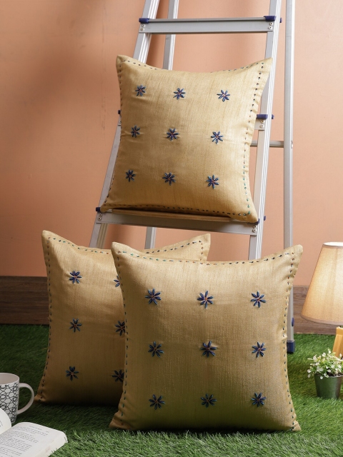 

RANGDESI Set Of 3 Beige & Blue Embroidered Square Cushion Covers