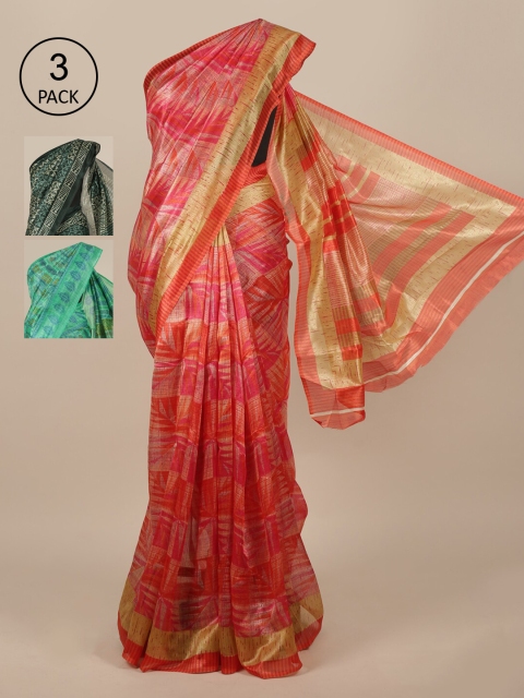 

Pothys Pack Of 3 Zari Jute Silk Sarees, Pink