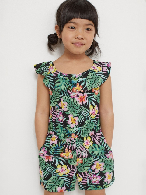 

H&M Girls Black & Green Tropical Printed Playsuit
