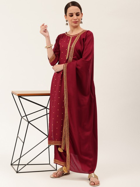 

Rustorange Women Maroon Yoke Design Panelled Kurti with Skirt & With Dupatta