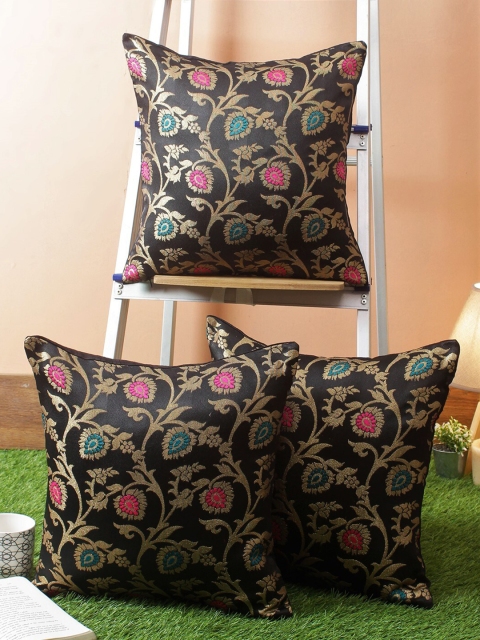 

RANGDESI Black & Pink Set of 3 Ethnic Motifs Square Brocade And Silk Cushion Covers