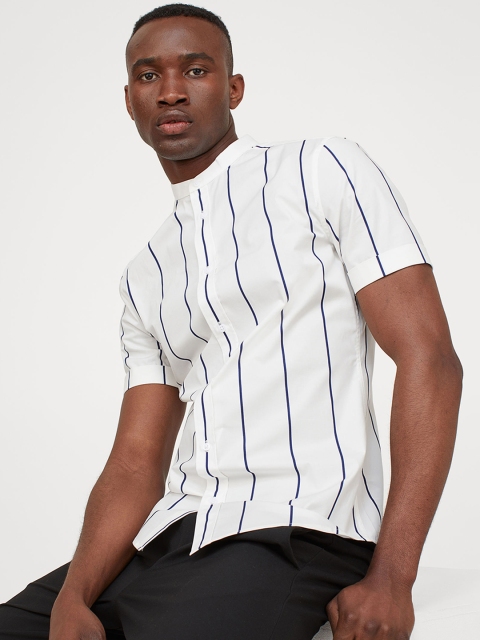 

H&M Men White & Navy Blue Striped Cotton Shirt Muscle Fit