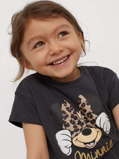 

H&M Girls 2-Piece Charcoal Grey & Beige Mickey Mouse Printed T-Shirt & Skirt Set