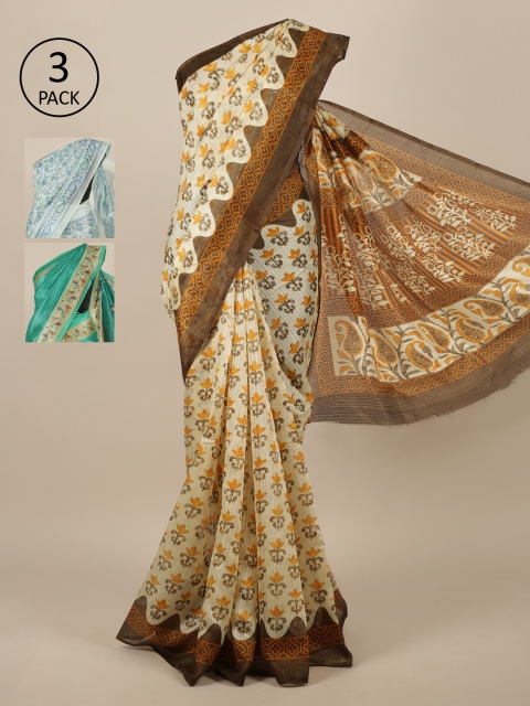 

Pothys Pack Of 3 Cream & Blue Floral Jute Silk Sarees