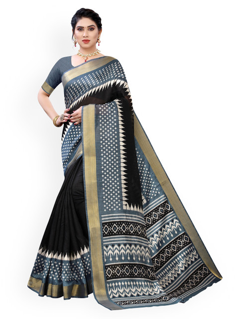 

KALINI Black & Blue Poly Cotton Printed Saree