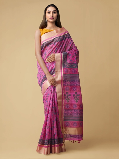 

Unnati Silks Pink Silk Cotton Chanderi Handloom Saree