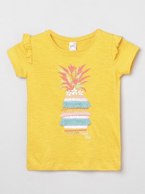 

max Girls Yellow Printed Tropical Applique T-shirt