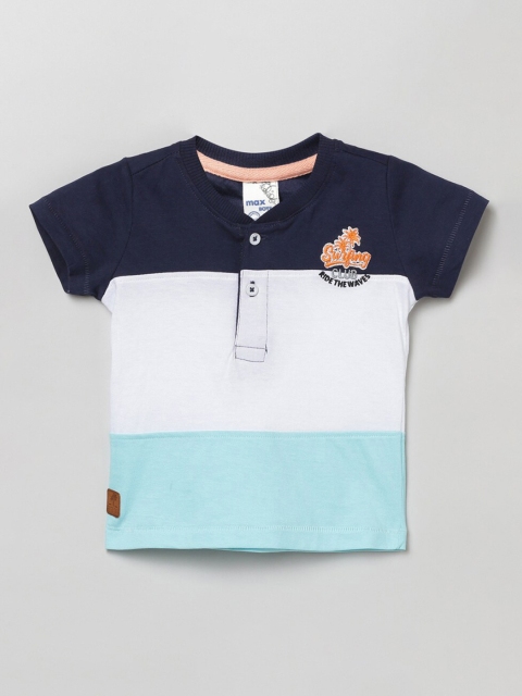 max Boys Navy Blue & White Colourblocked Henley Neck T-shirt