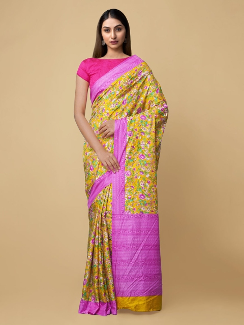 

Unnati Silks Yellow & Purple Floral Block Print Saree