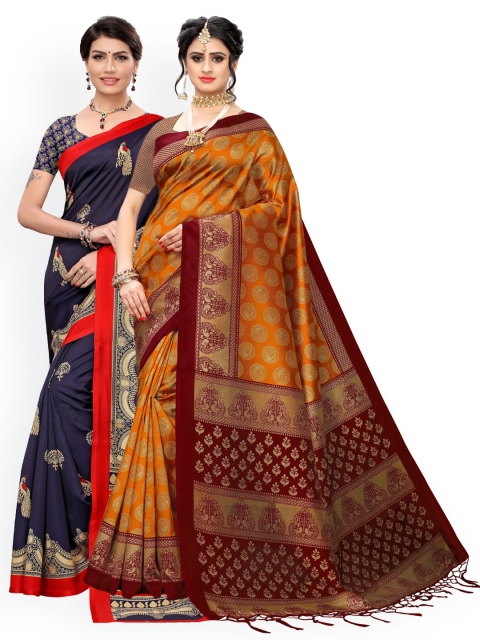 

KALINI Pack Of 2 Yellow & Navy Blue Ethnic Motifs Art Silk Saree