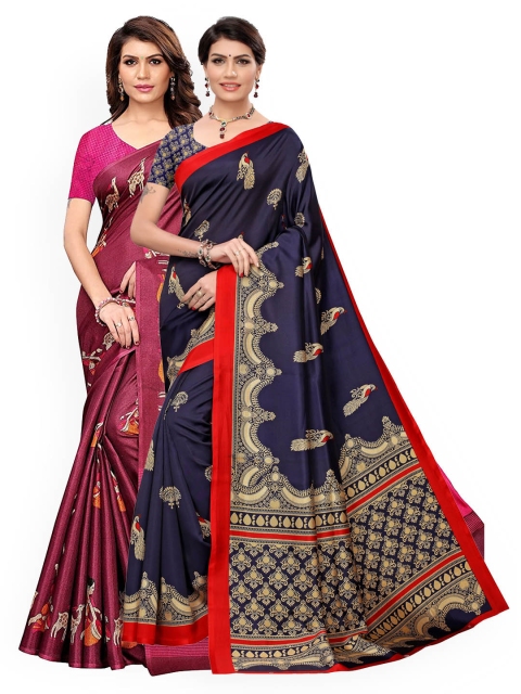 

KALINI Pack of 2 Magenta & Navy Blue Ethnic Motifs Art Silk Saree