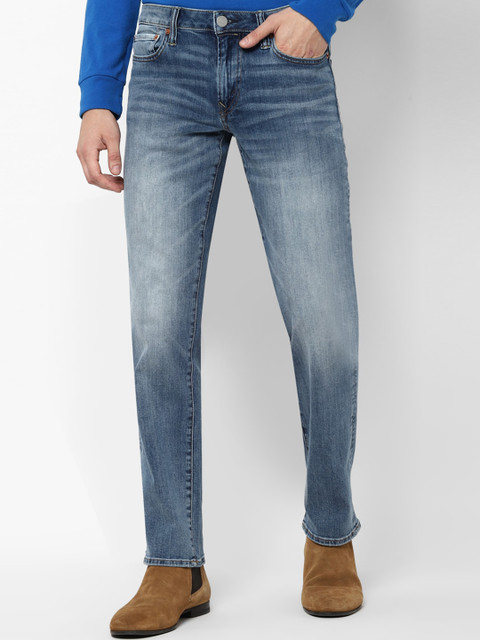 

AMERICAN EAGLE OUTFITTERS Men Blue Straight Fit Mildly Distressed Heavy Fade Jeans