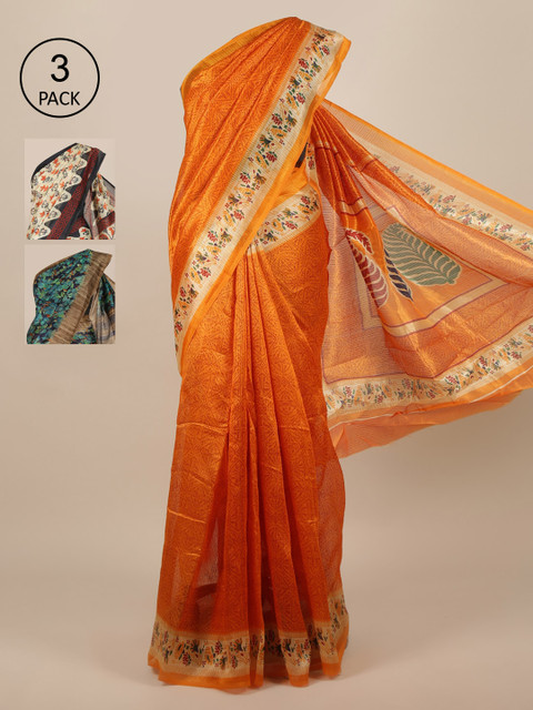 

Pothys Pack Of 3 Orange & Green Floral Jute Silk Saree
