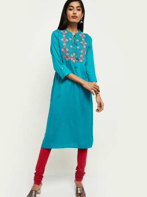 

max Women Turquoise Blue Ethnic Motifs Yoke Design Kurta