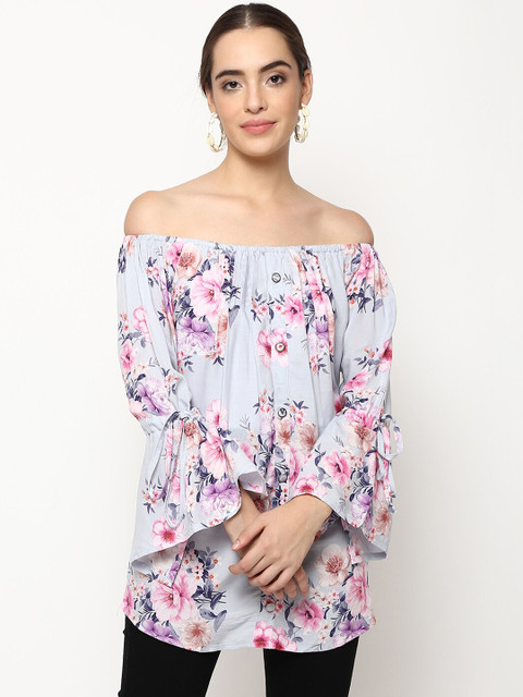 

V2 Value & Variety Grey & Pink Floral Off-Shoulder Bell Sleeve Bardot Longline Top