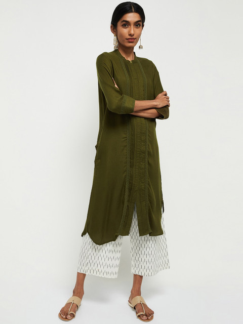 

max Women Green Embroidered Flared Sleeves Thread Work Pathani Kurta