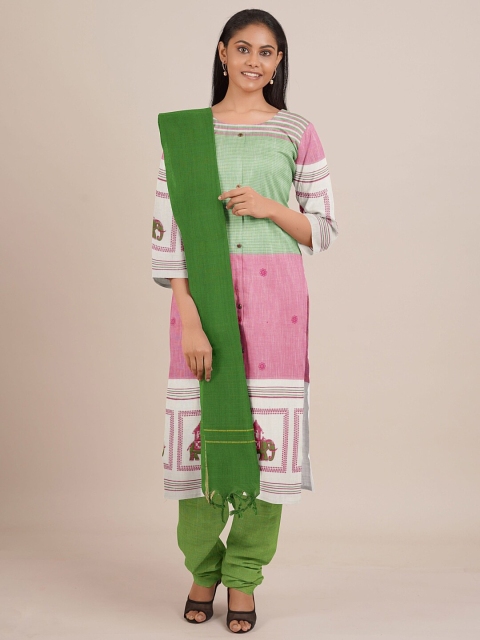 

Pothys White & Green Printed Unstitched Dress Material