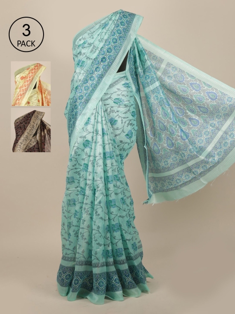 

Pothys Pack Of 3 Blue & Beige Floral Jute Silk Saree