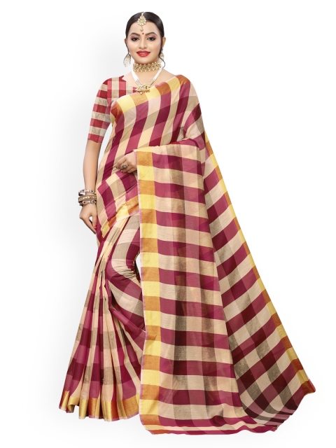 

KALINI Beige & Maroon Checked Zari Silk Blend Kanjeevaram Saree