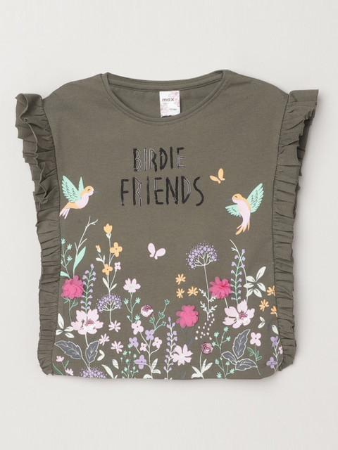 

max Girls Green & Pink Floral Printed Round Neck T-shirt
