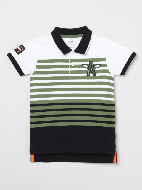 

max Boys White & Olive Green Striped Polo Collar T-shirt