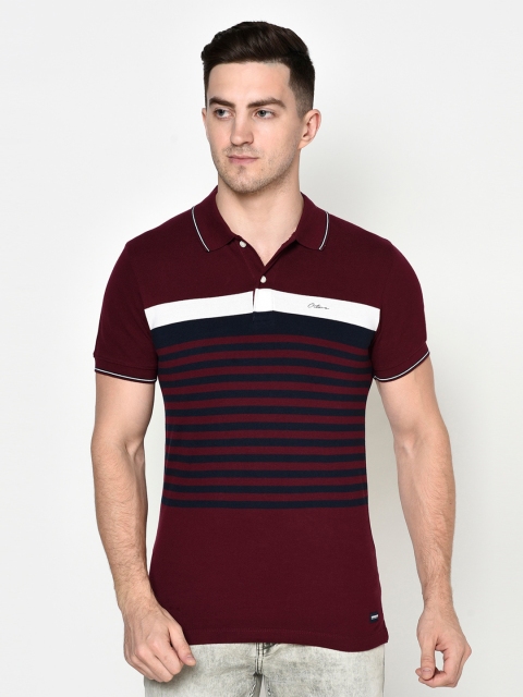 

Octave Men Burgundy & Navy Blue Striped Polo Collar T-shirt