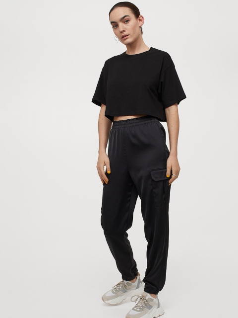 

H&M Women Black Satin Cargo Trousers
