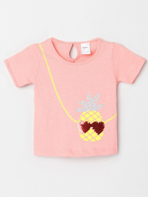 

max Girls Peach-Coloured & Yellow Printed Round Neck T-shirt