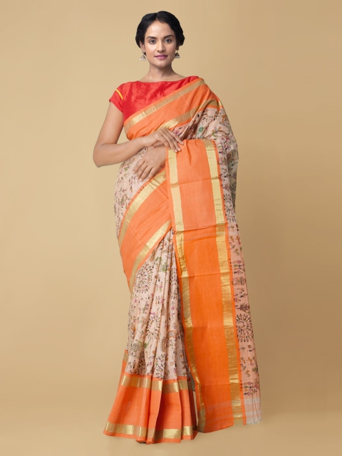 

Unnati Silks Beige & Orange Ethnic Motifs Pure Cotton Handloom Baluchari Saree