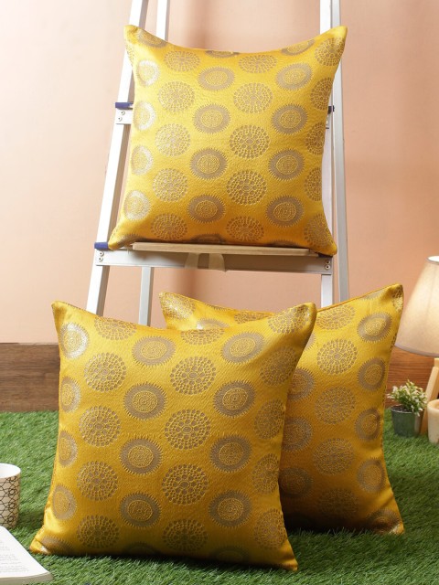 

RANGDESI Set Of 3 Yellow & Gold-Toned Ethnic Motifs Square Cushion Covers