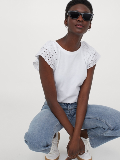 

H&M Women White Broderie Anglaise-Sleeved Top