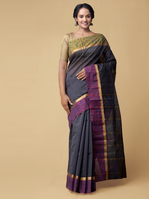 

Unnati Silks Grey & Purple Woven Design Silk Cotton Chanderi Saree