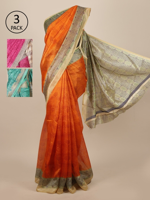 

Pothys Pack Of 3 Orange & Turquoise Blue Jute Silk Saree