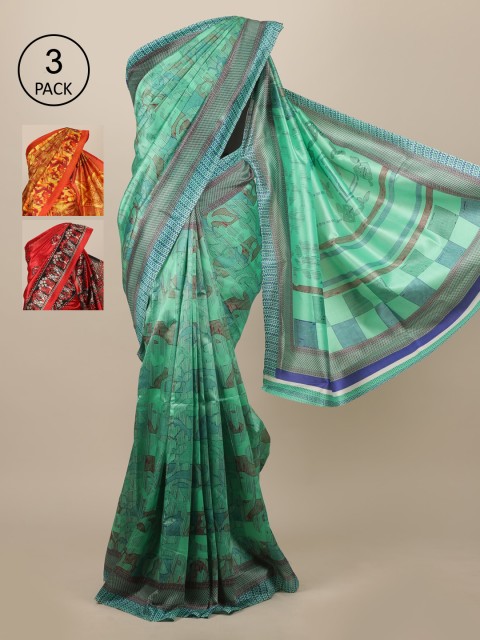 

Pothys Pack Of 3 Printed Jute Silk Saree, Green
